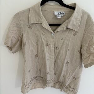 Vintage 90s Tan Linen Short Sleeve Embellished Button Down Top